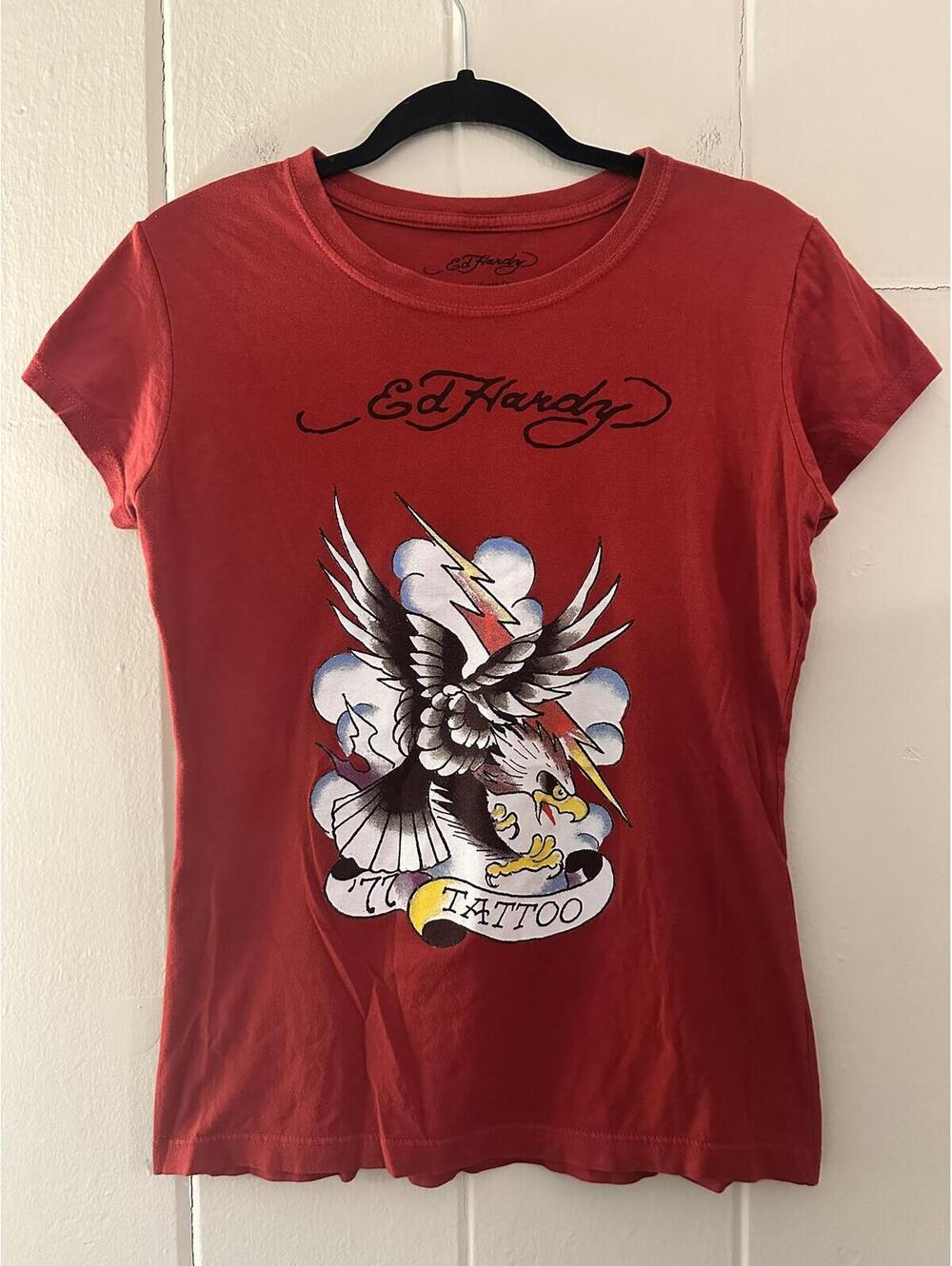 Ed Hardy Red Vintage Graphic Y2K Eagle ‘77 Tattoo Tee 100% Cotton Size XL